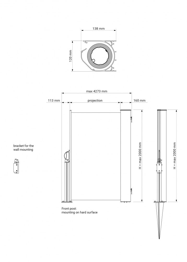 Levegg - Sidemarkise - Høyde 180 cm - Velg mellom 150 dukfarger